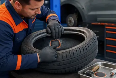 Profissional consertando um pneu em uma borracharia.