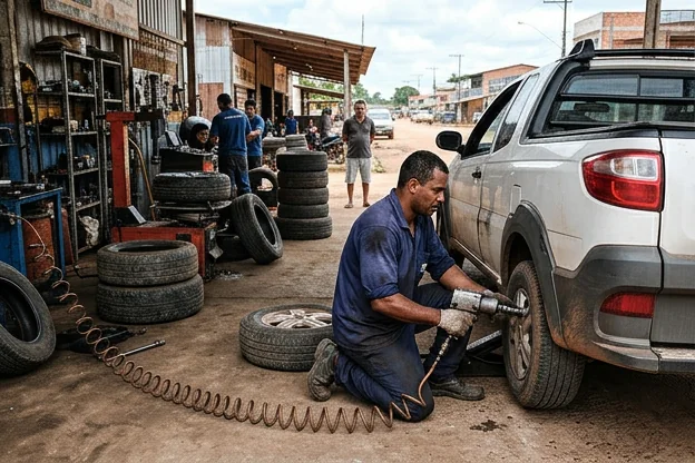 Profissional realizando rodízio de pneus.