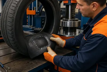 Profissional realizando vulcanização de pneu.