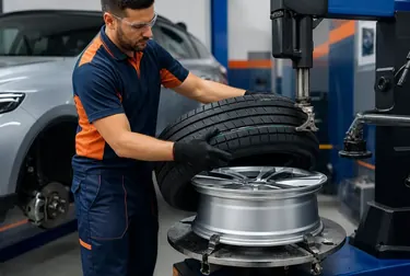 Profissional trocando um pneu em uma borracharia.